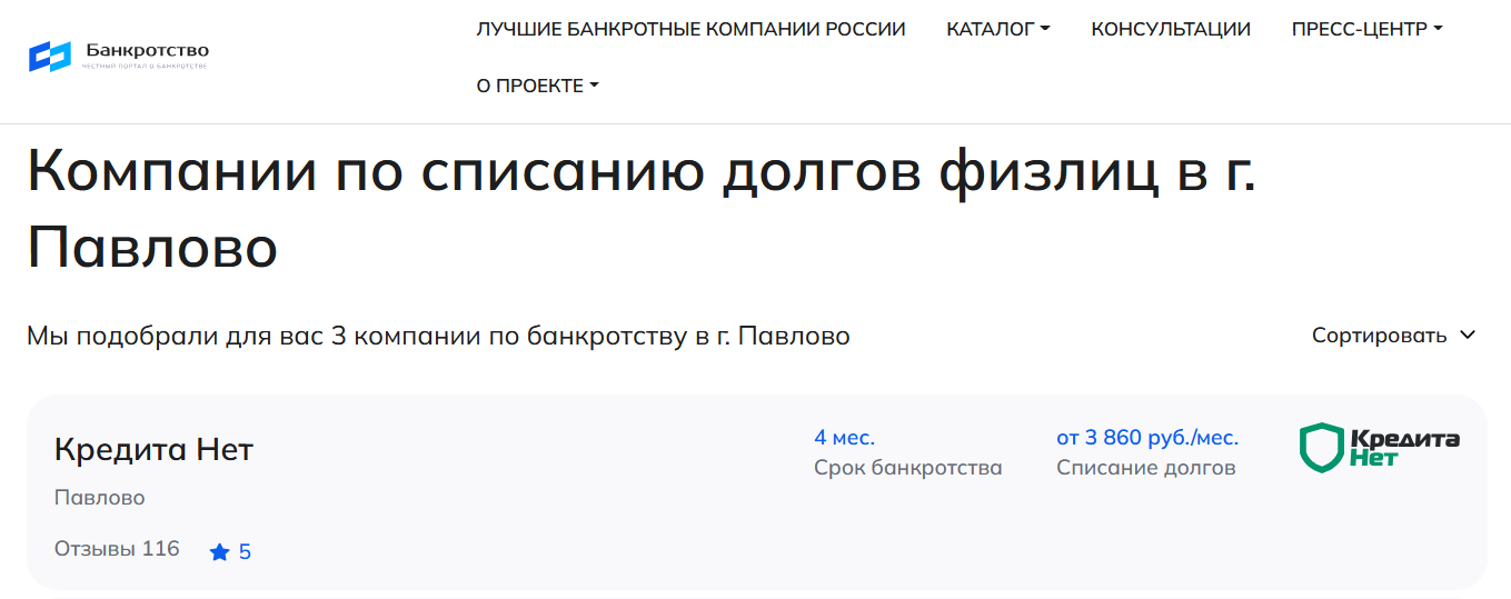 КредитаНет – первые в рейтинге компаний по банкротству в Павлове на сайте Банкротство Инфо