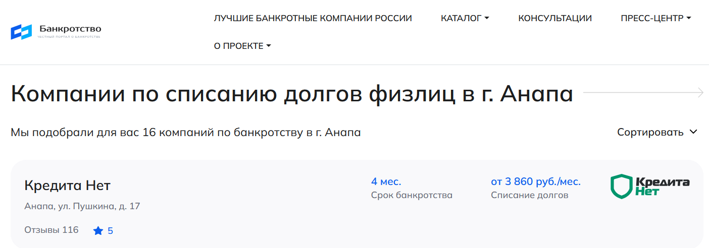 КредитаНет – первые в рейтинге компаний по банкротству в Анапе на сайте Банкротство Инфо