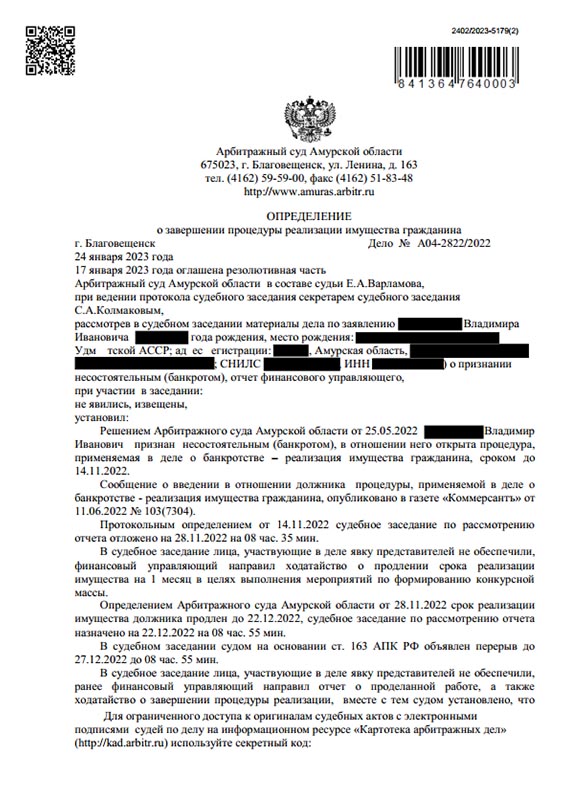 Выигранное дело по банкротству №А04-2822/2022, сумма списанного долга 357 800 руб.