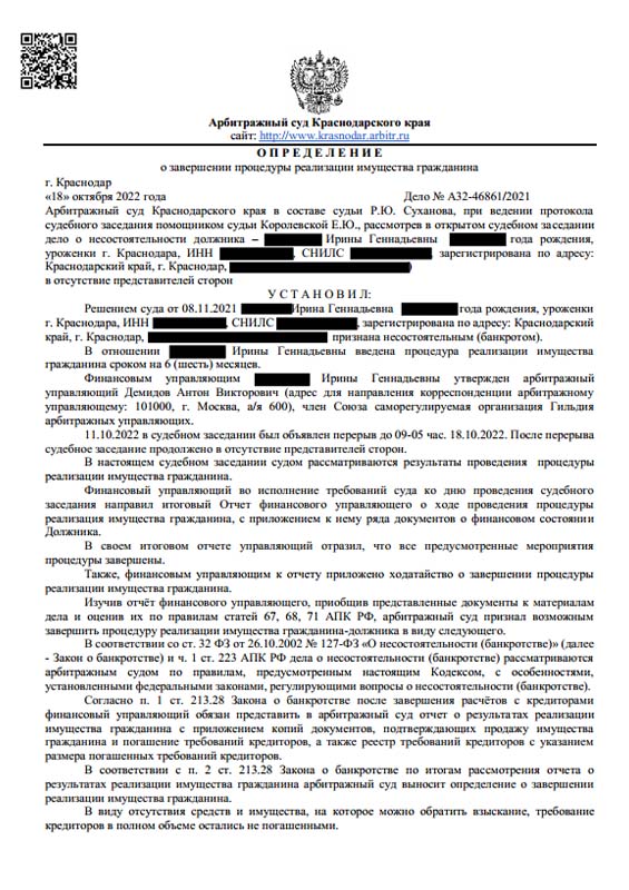 Выигранное дело по банкротству №А32-46861/2021, сумма списанного долга 565 337 руб.
